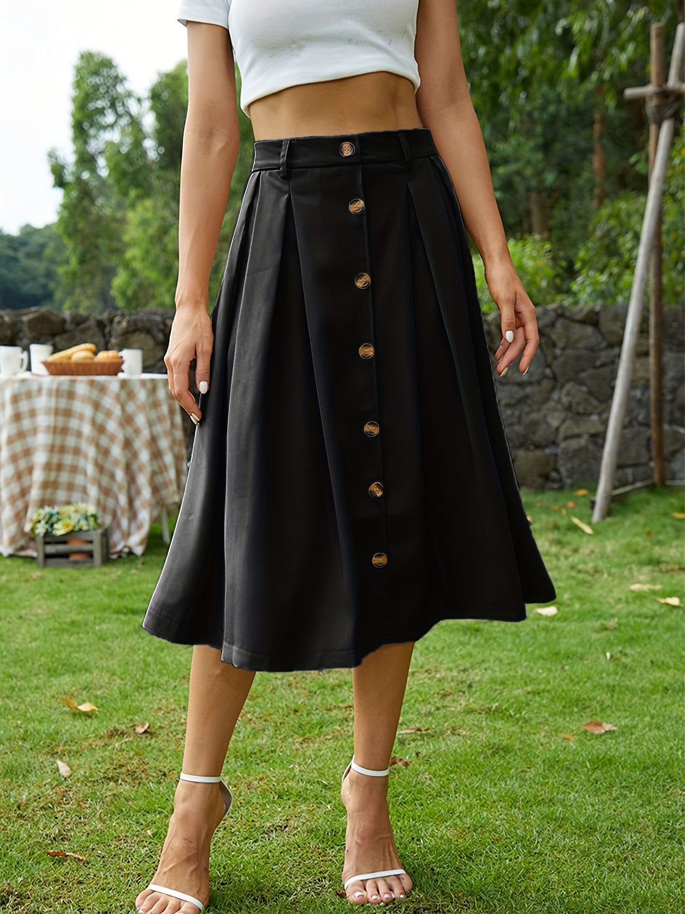 High Waist Button Front Casual Skirt