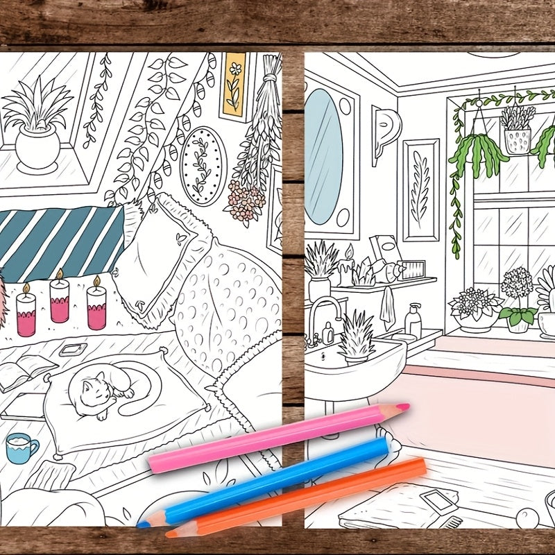 Home Themed Adult Coloring Book 24 Pages Perfect Gift Holidays Birthdays