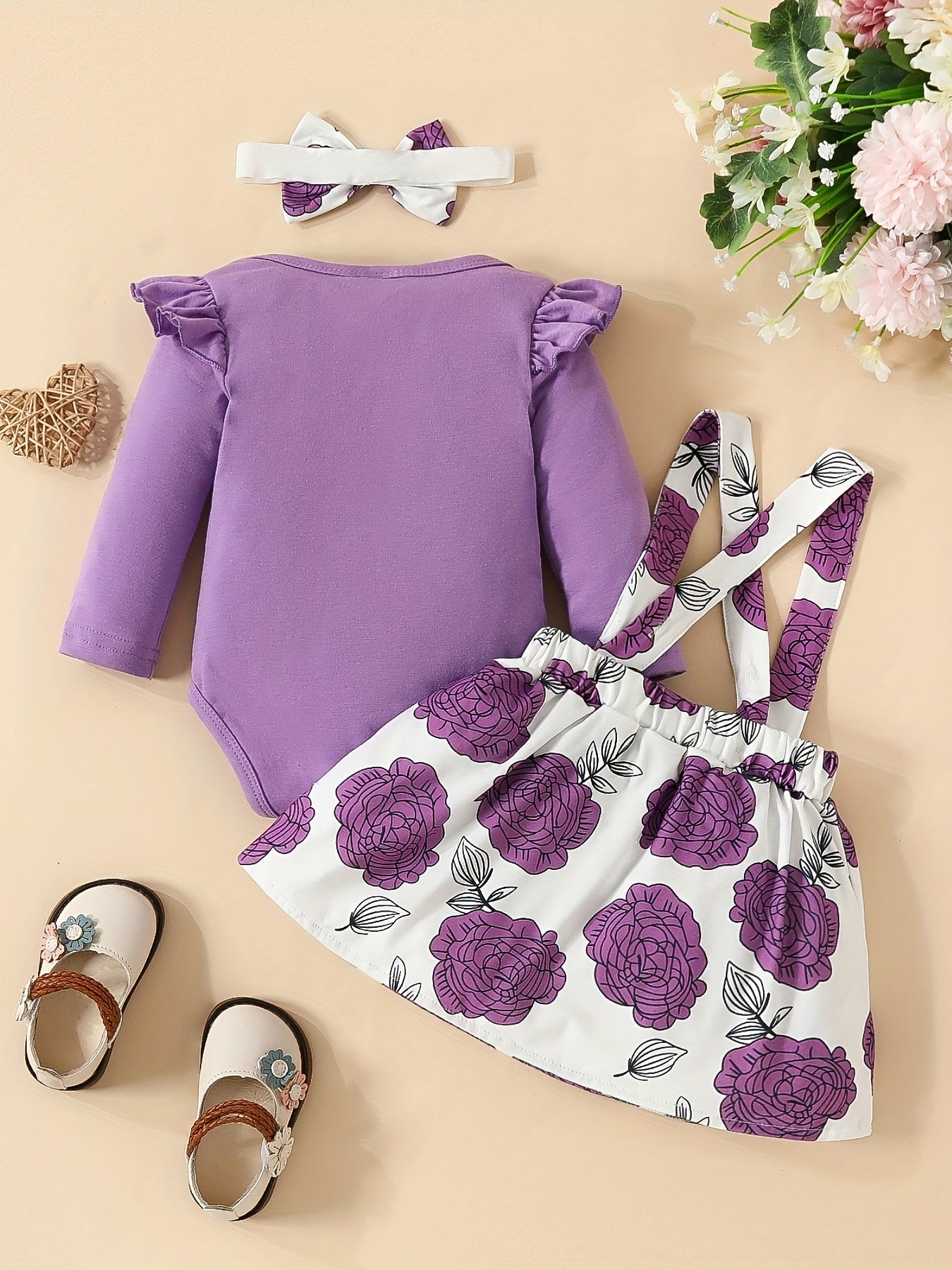 3pcs Long Sleeve Triangle Onesie Suspender Dress Set Newborn Alphabet Print