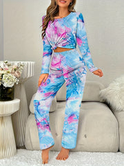 Colorblock Print Pajama Set Long Sleeve Crew Neck Top & Elastic Waistband Pants