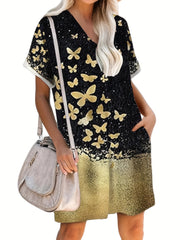 Floral Print Short Sleeve V Neck Dress