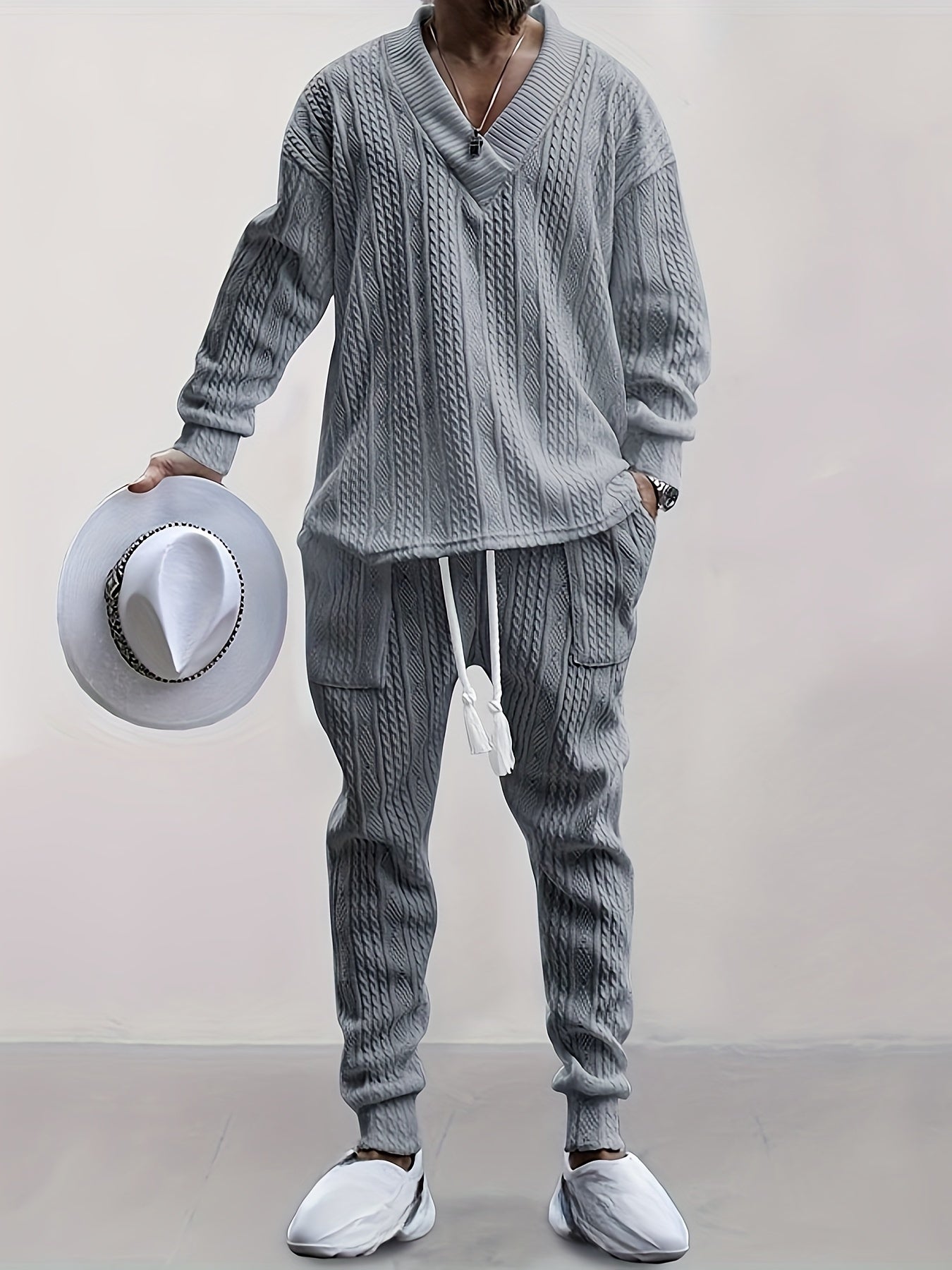 Men's Jacquard V-Neck Sweatshirt & Drawstring Sweatpants Set