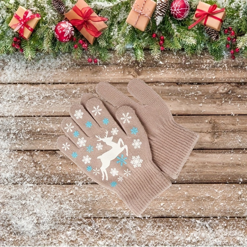Kids Winter Elk Print Knitted Gloves, 3-6 Years
