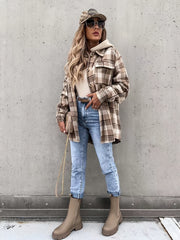 Preppy Button Plaid Drop Shoulder Jacket