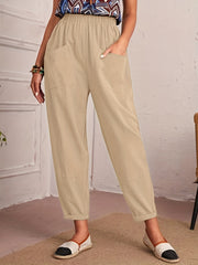 Ruched Elastic Waist Pants Solid Casual Pocket Front Pants