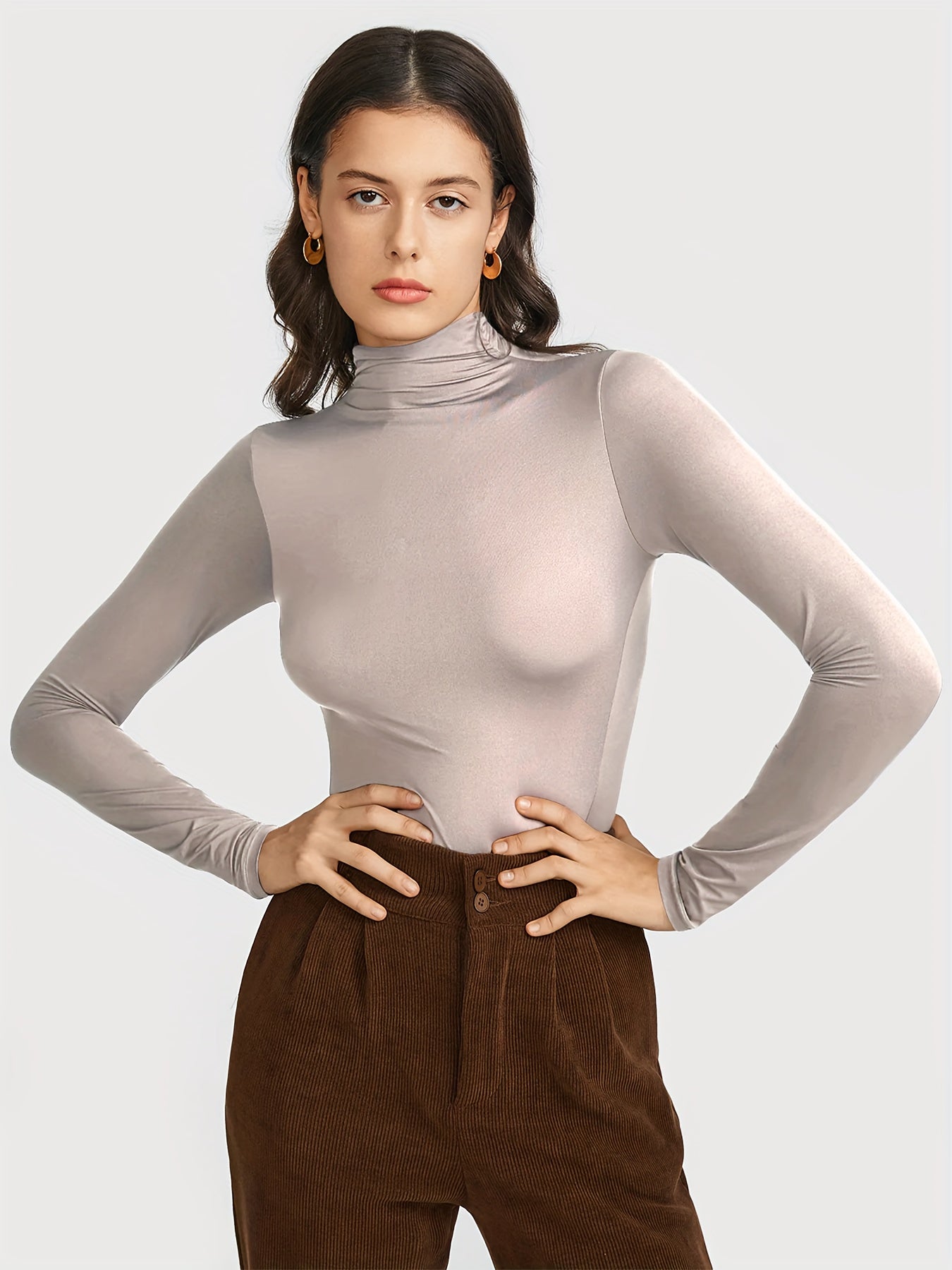 Solid Long Sleeve Turtleneck Top Soft High Neck Tee Shirt