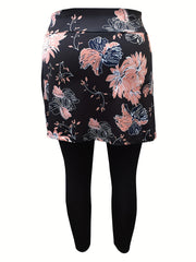 Women's Plus Floral Print Skirted Tennis Golf Leggings With Phone Pockets