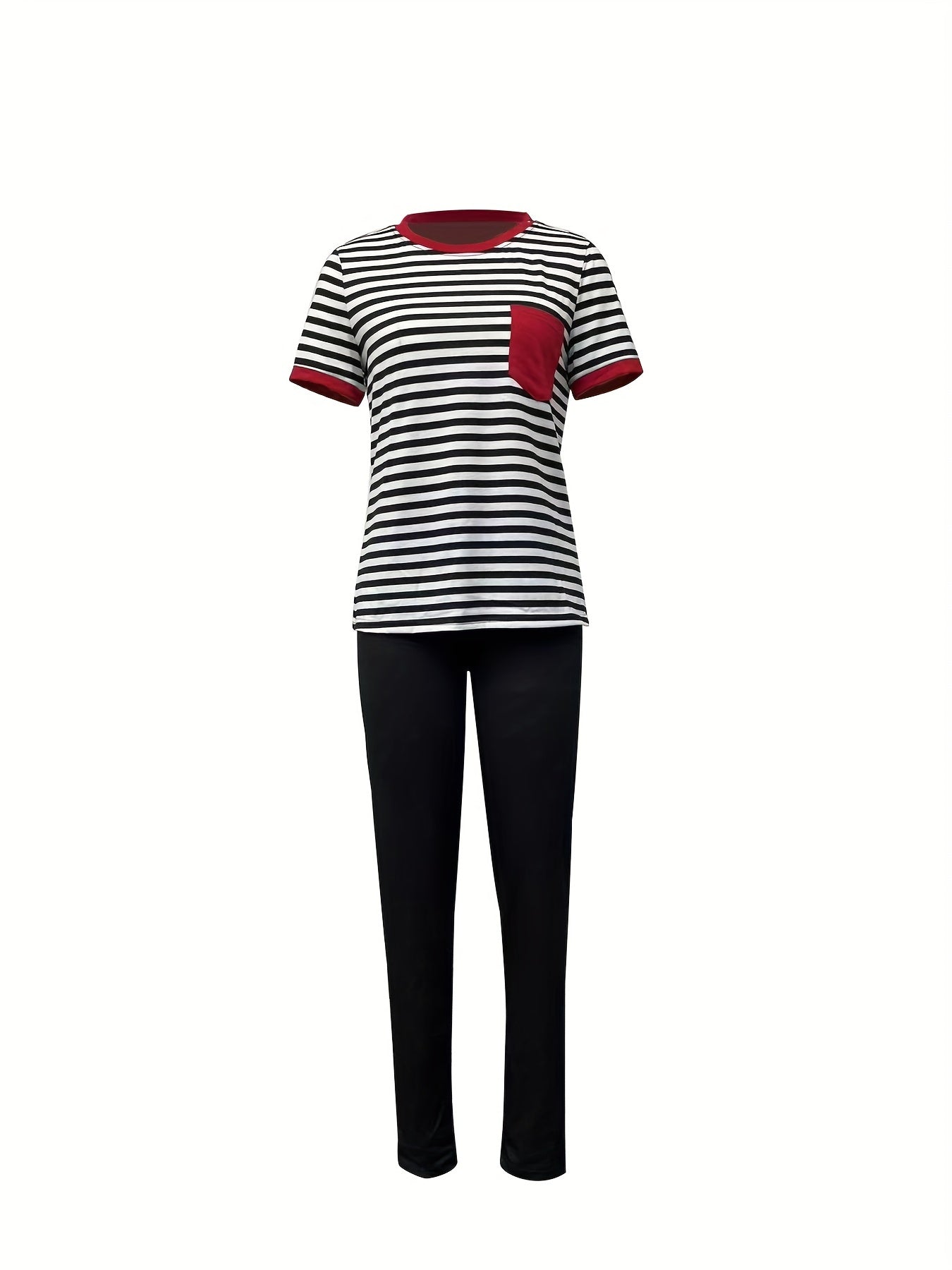 Striped Print Short Sleeve Tops & Solid Slim Pants Set