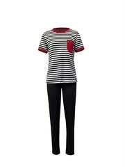 Striped Print Short Sleeve Tops & Solid Slim Pants Set