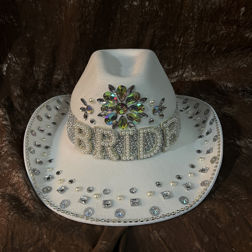 Women Bride Cowboy Hat Wide Brim Bridal Felt Hat Rhinestone Western Fedora Cap
