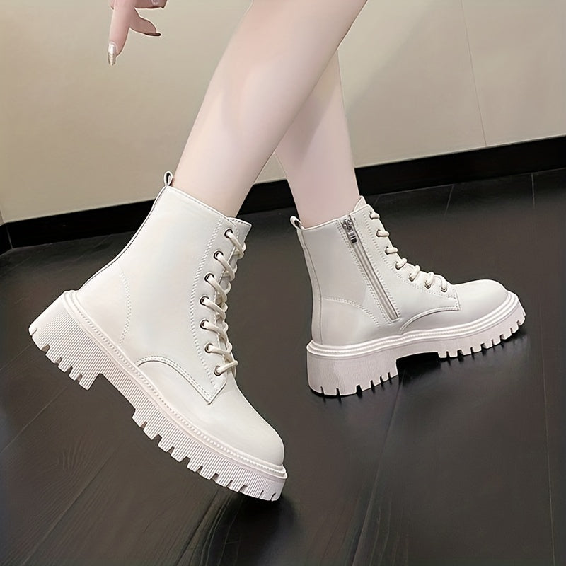 Women's Solid Lace Up Round Toe Zipper Platform Boots