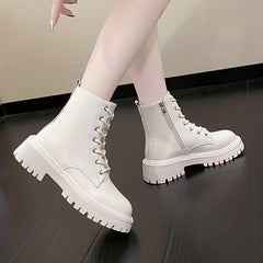 Women's Solid Lace Up Round Toe Zipper Platform Boots