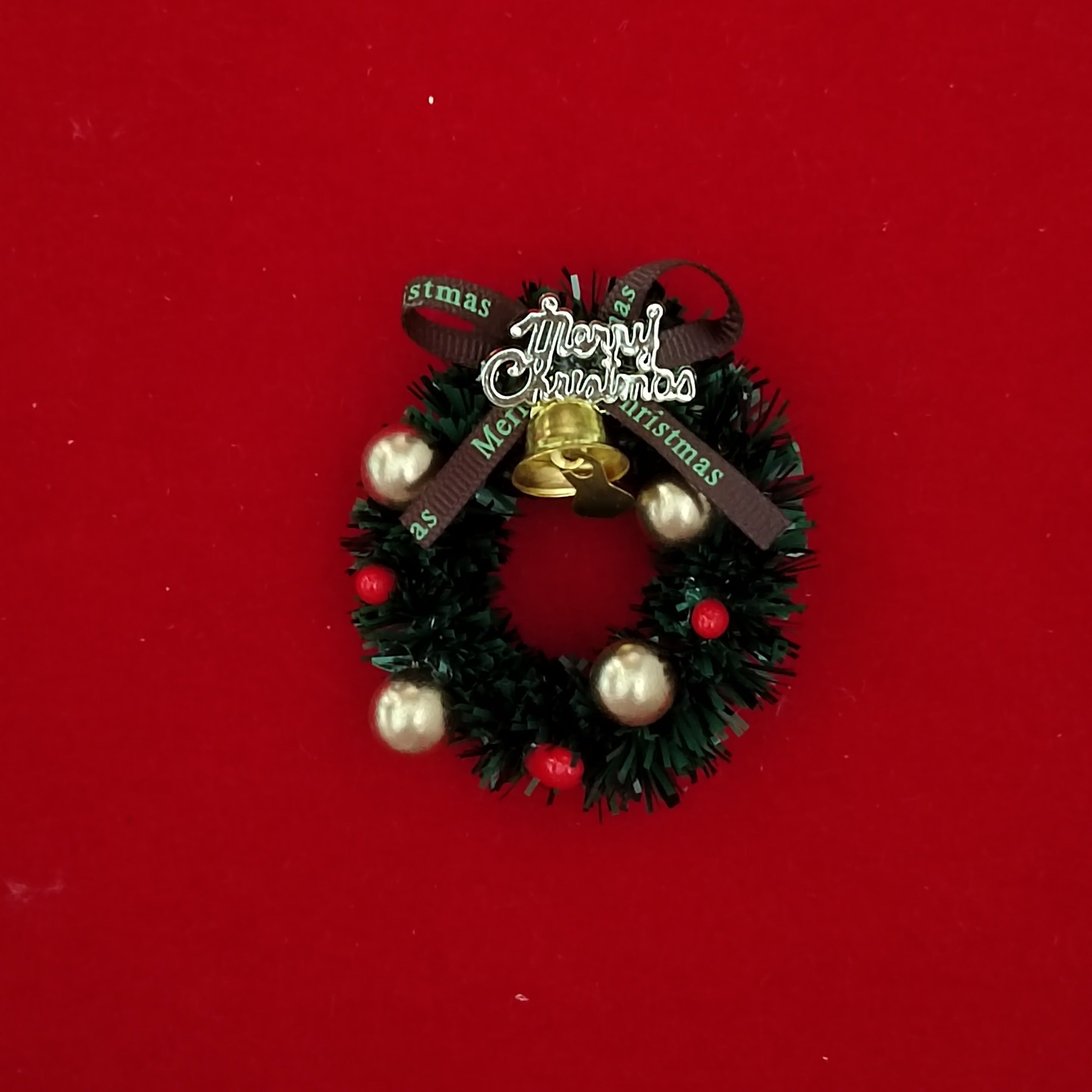 Christmas Wreath Green Garland w/ Golden Balls Red Berries Merry Christmas Bow