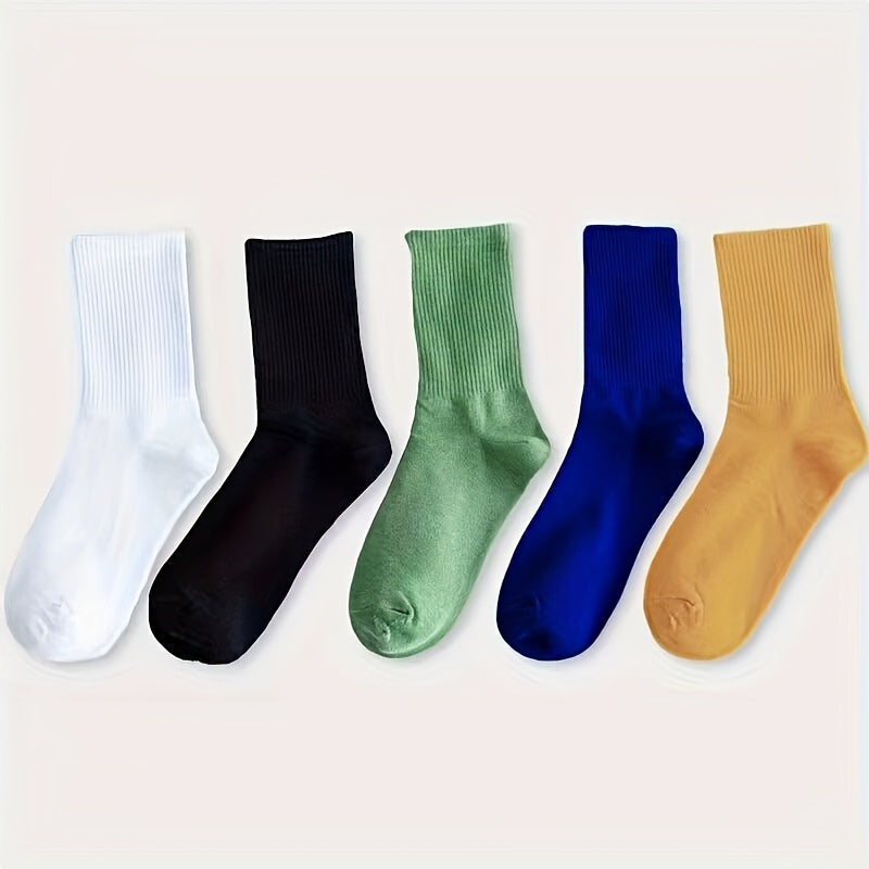 5 Pairs Solid Socks Comfy & Breathable Mid Tube Stockings