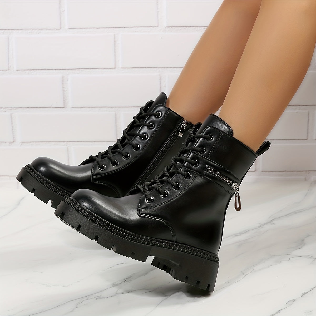 Women's Platform Combat Boots Round Toe Side Zipper Lace Up Ankle Boots