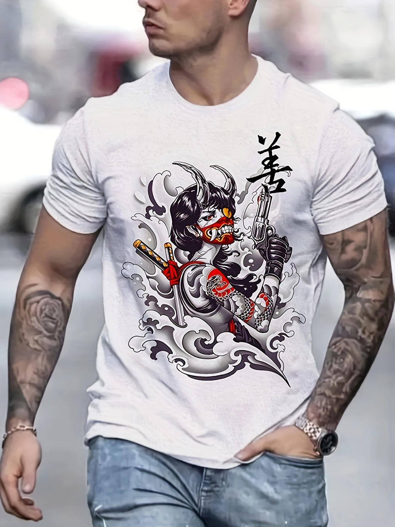 Men's Devil Pattern Sports T shirt Casual Stretch Round Neck Tee Shirt