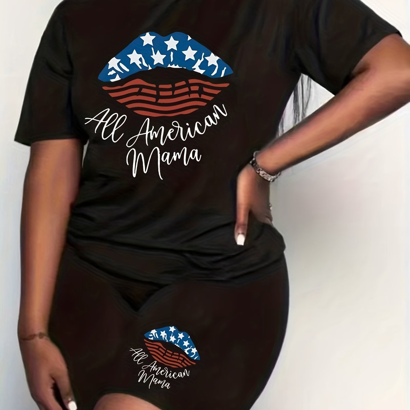 Women's Plus Flag & Lip Print Crew Neck Short Sleeve Top & Shorts Set