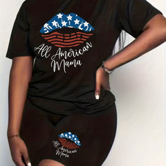 Women's Plus Flag & Lip Print Crew Neck Short Sleeve Top & Shorts Set
