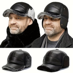 Winter Baseball Cap with Earflaps Faux Leather Warm Dad Hat