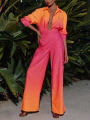 Gradient Two Piece Set Long Sleeve Polo Collar Shirt & Wide Leg Pants
