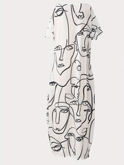 Abstract Face Print Dress Short Sleeve Maxi Summer Dress