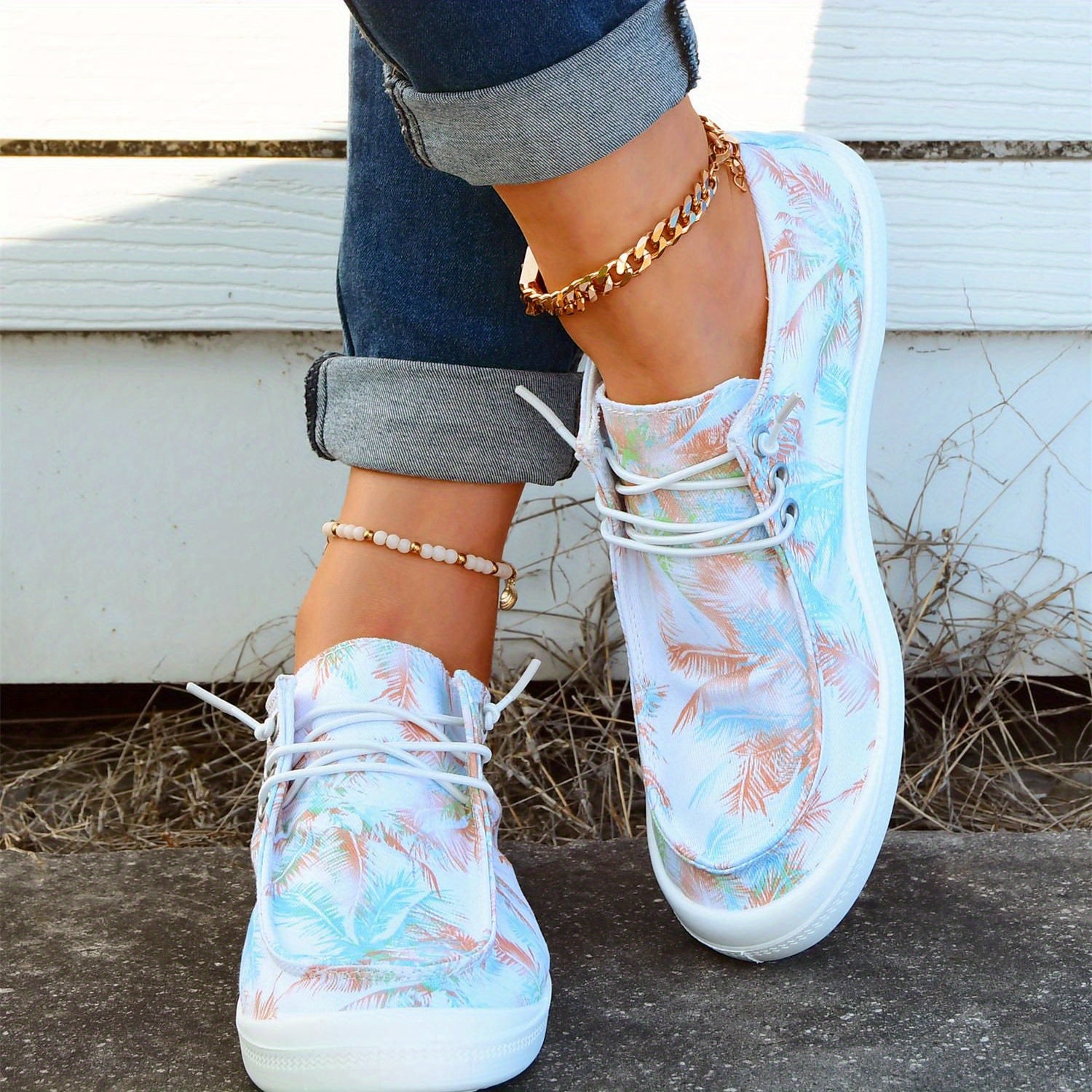 Women's Colorful Coconut Tree Pattern Boat Shoes Lace Up Anti Slip Flat Shoes