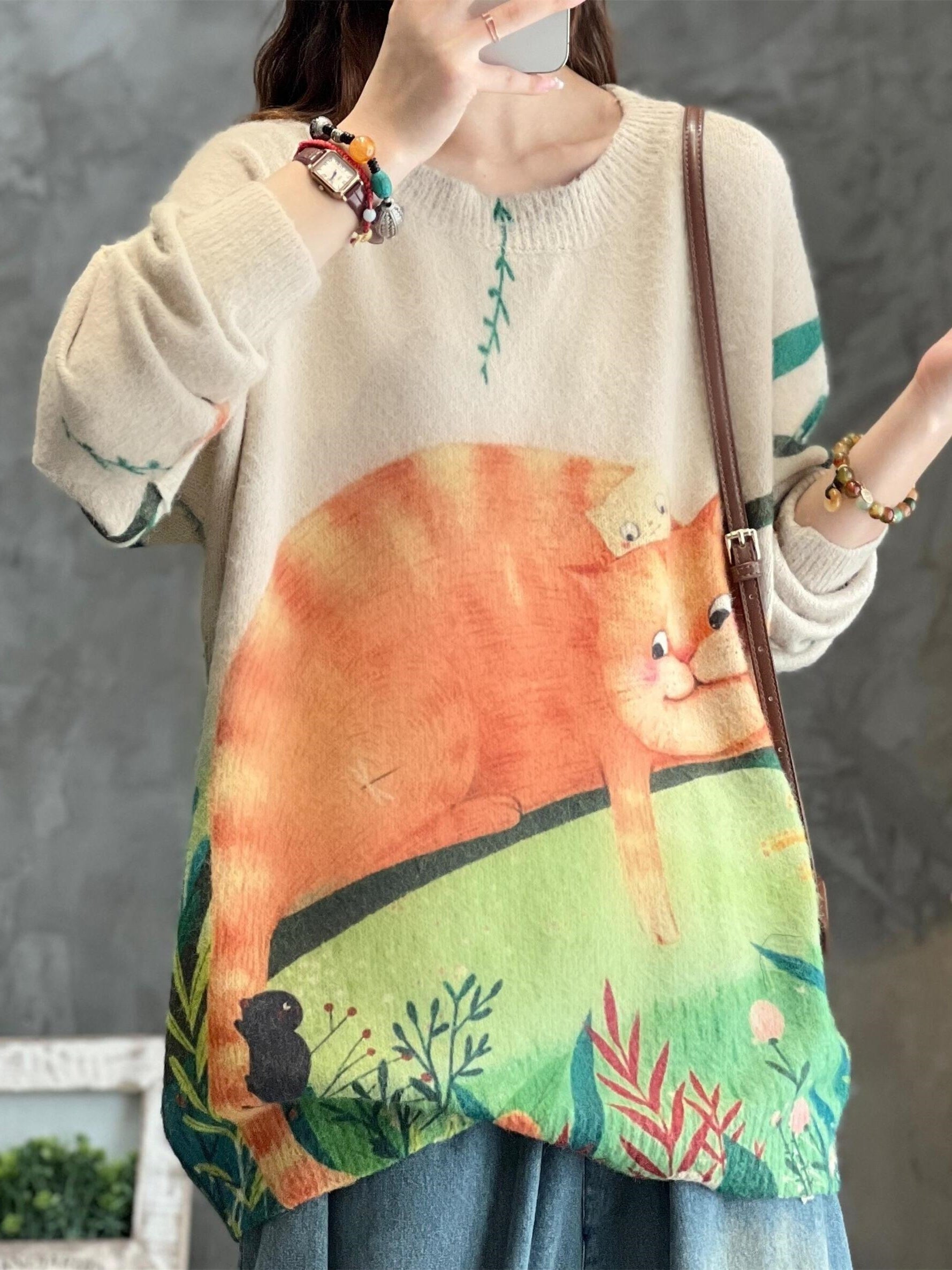 Cartoon Cat Print Long Sleeve Pullover Jumper