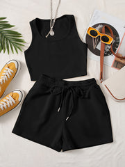 Solid Casual Two piece Set Sleeveless Crop Tank Top & Drawstring Waist Shorts