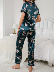 Floral Satin Pajama Set Short Sleeve Pocket Top & Long Pants