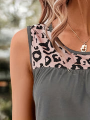 Leopard Splicing Tank Top Crew Neck Sleeveless Summer Tank Top