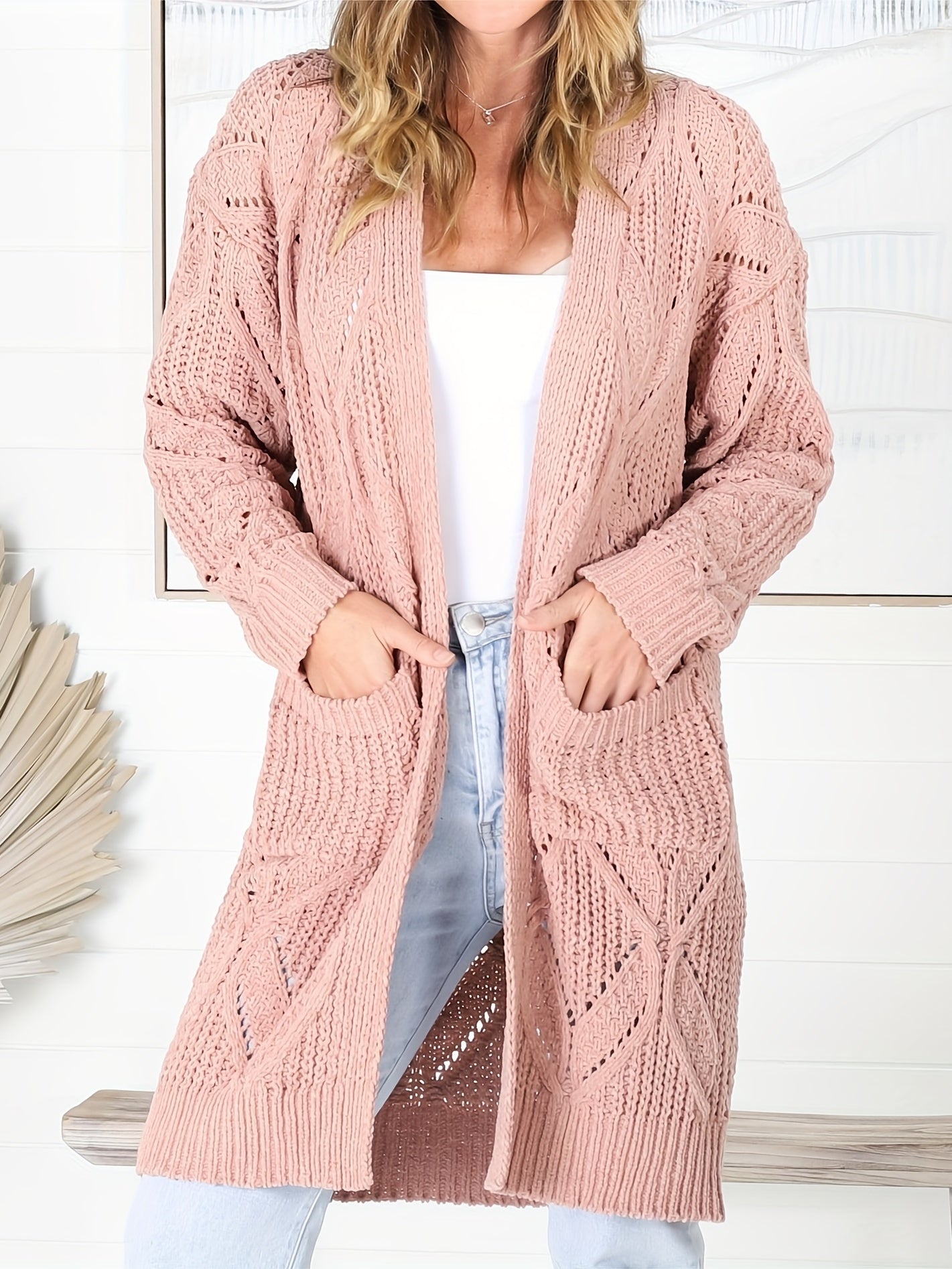 Solid Knit Long Sleeve Cardigan With Pockets