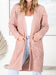 Solid Knit Long Sleeve Cardigan With Pockets
