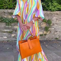 Colorblock Stripe Print Half Puff Sleeve Maxi Dress