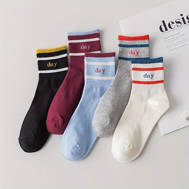 5 Pairs Letter Print Striped Socks Women's Stockings