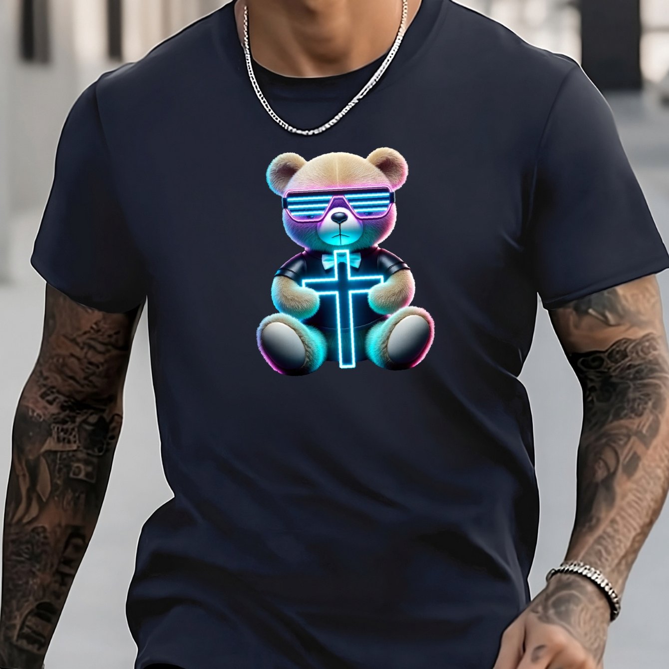 Men's Bear Pattern Shirt Casual Short Sleeve Tee Top