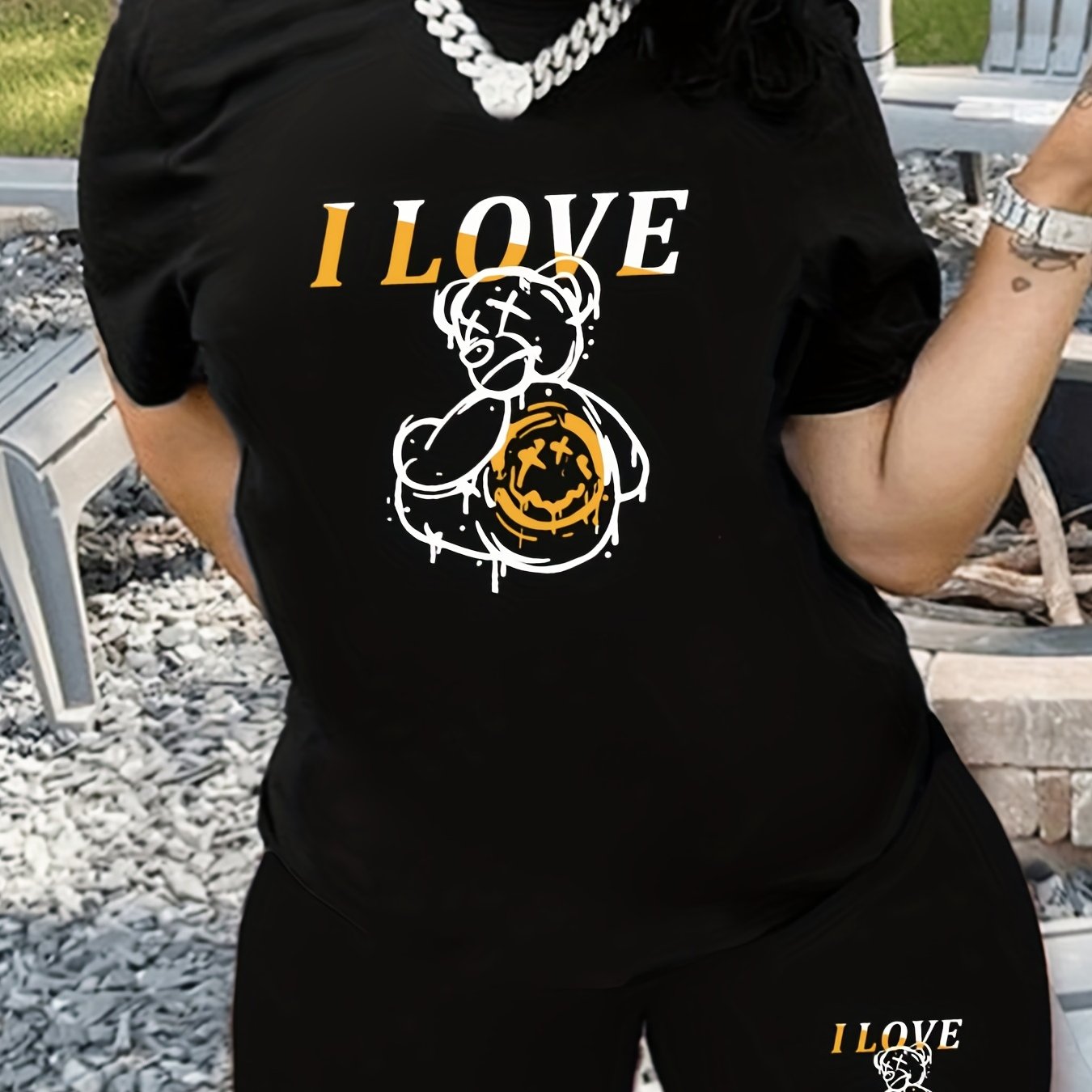 Letter & Bear Print Two Piece Set Casual T shirt & Biker Shorts Outfits