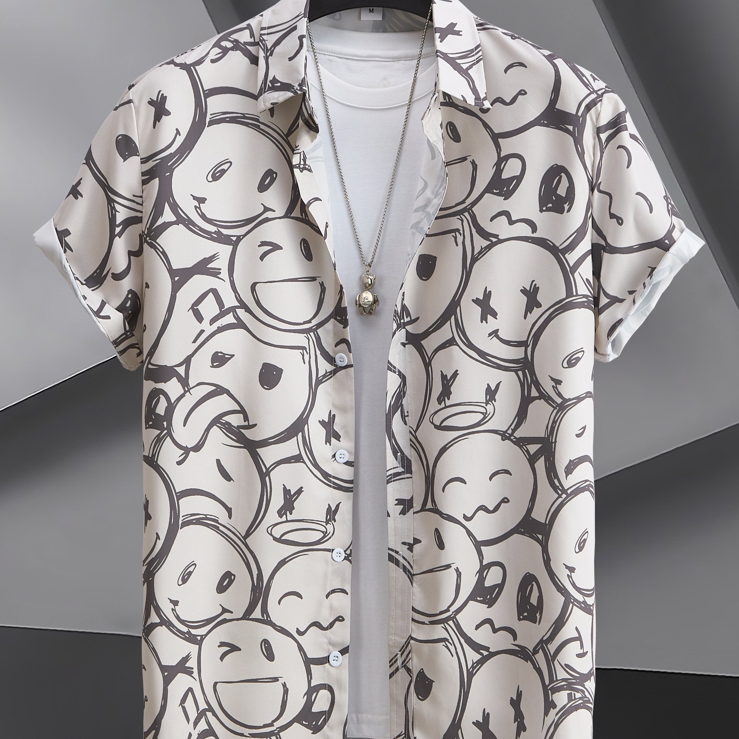Cartoon Face Print Men's Casual Short Sleeve Shirt
