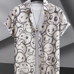 Cartoon Face Print Men's Casual Short Sleeve Shirt