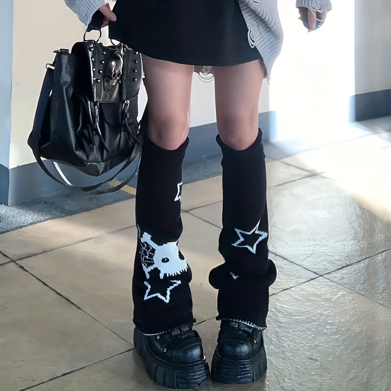 Heart & Skull Pattern Knit Leg Warmers Colorblock Knee High Socks