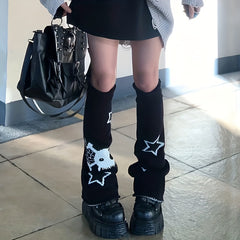 Heart & Skull Pattern Knit Leg Warmers Colorblock Knee High Socks