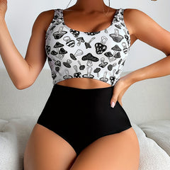 Mushroom Print Scoop Neck One Piece Swimsuit
