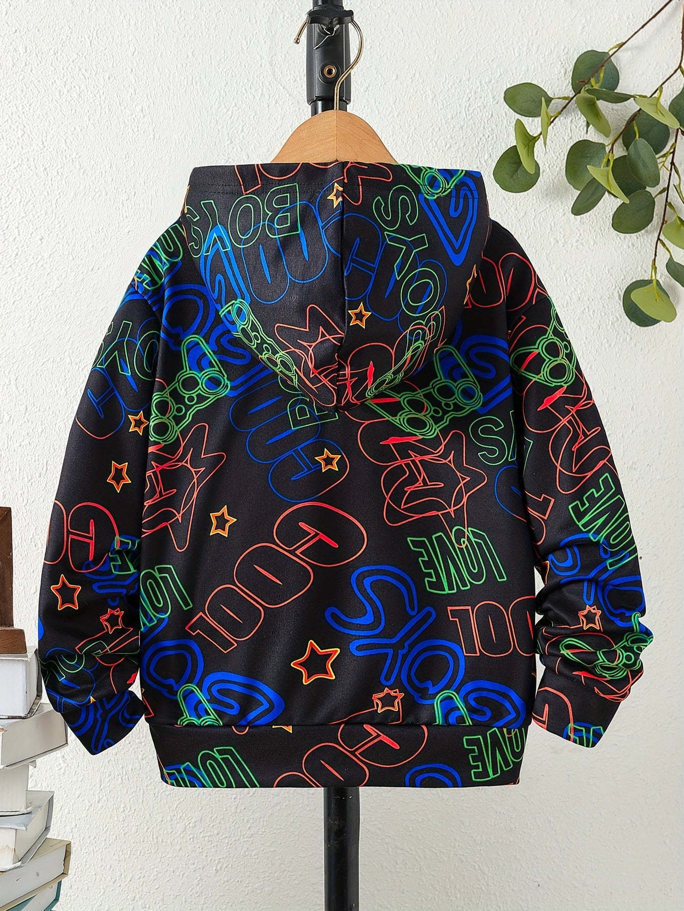 Boys Luminous Letter & Gamepad Print Hooded Sweatshirt