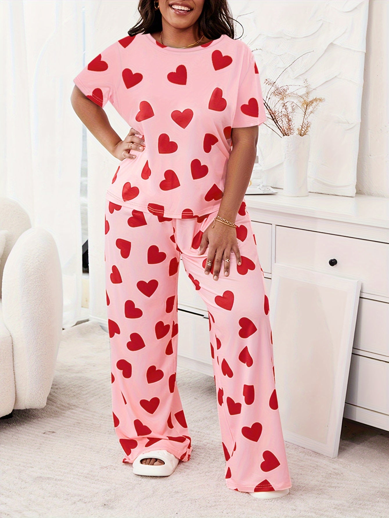 Heart Print Lounge Set Women's Plus Pajamas 2 Piece Set