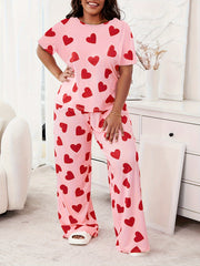 Heart Print Lounge Set Women's Plus Pajamas 2 Piece Set