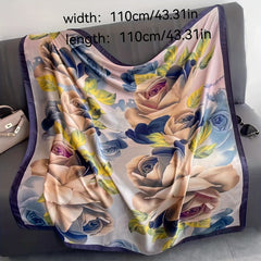 Vintage Flower Print Satin Shawl Square Scarf