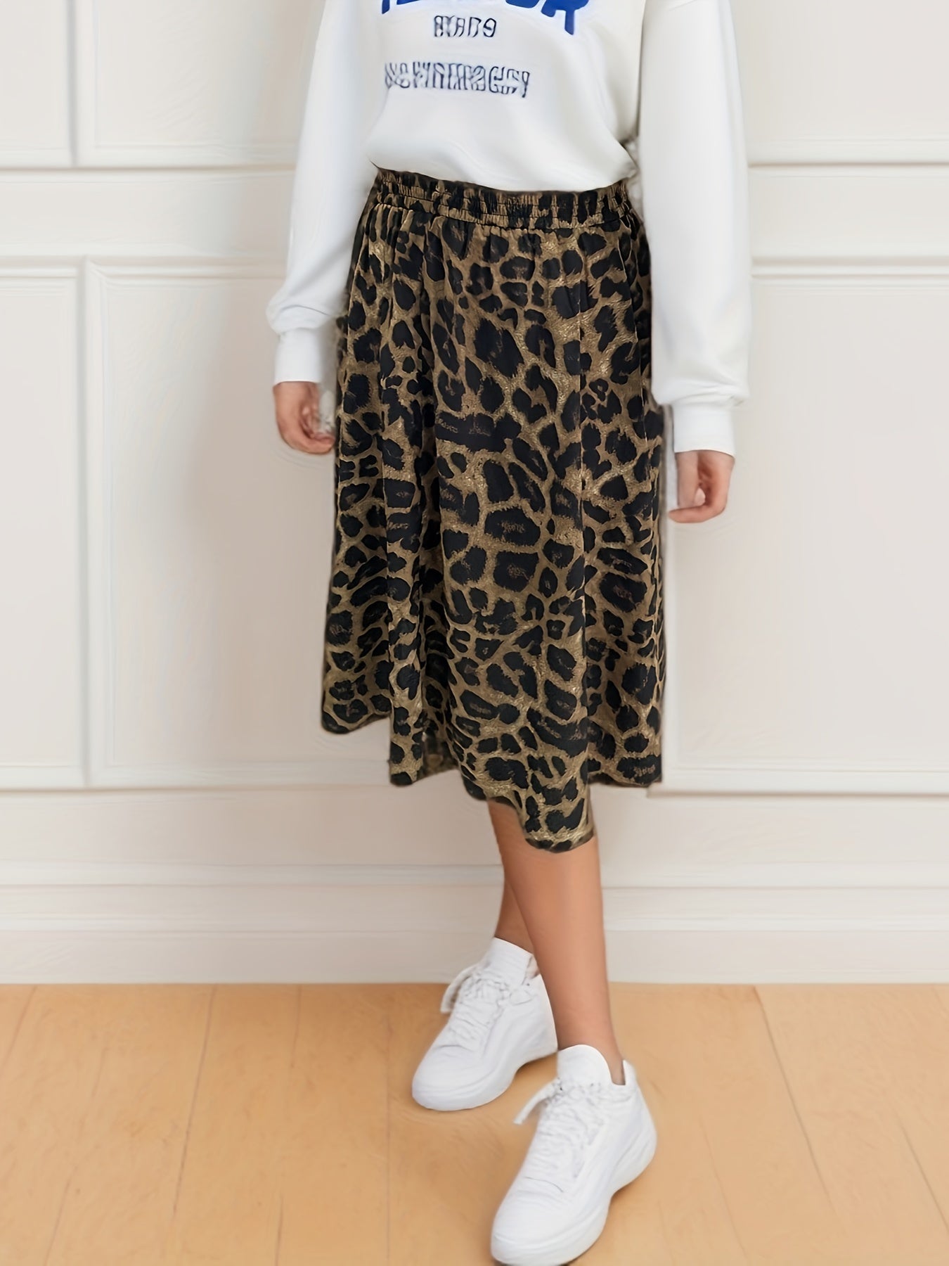 Leopard Print Plus Size Casual Elastic Midi Skirt