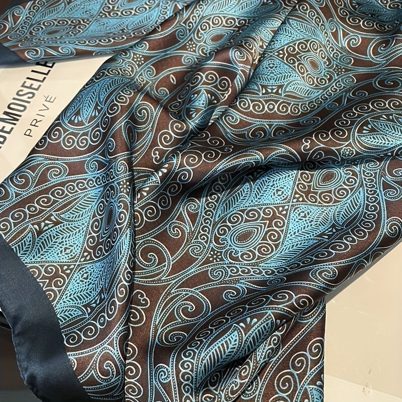 Vintage Floral Print Large Scarf Dark Green Satin Shawl Silk