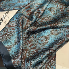 Vintage Floral Print Large Scarf Dark Green Satin Shawl Silk