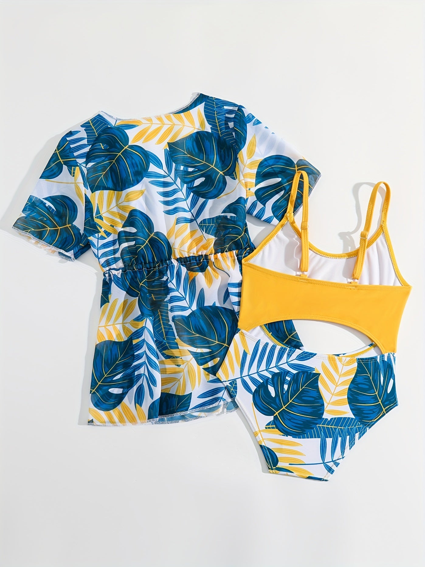 2pc Tropical Leaf Print One Piece Swimsuit & Cover Up Kimono