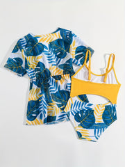 2pc Tropical Leaf Print One Piece Swimsuit & Cover Up Kimono